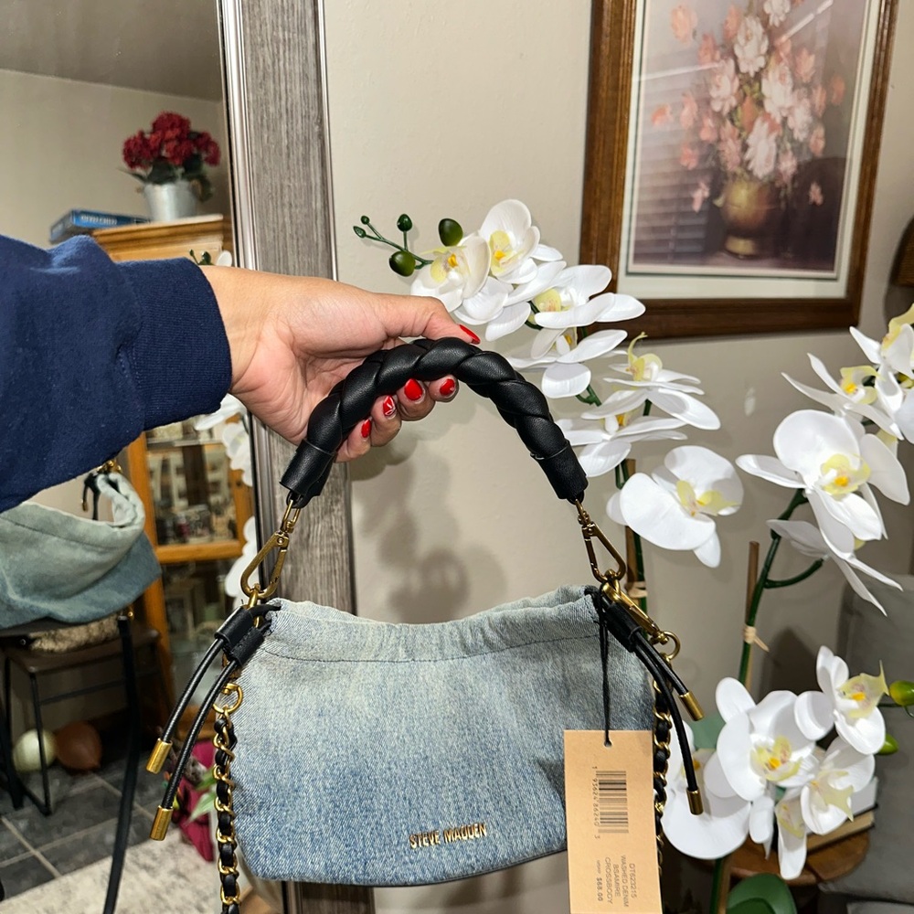 Chic Steve Madden Denim and Black Leather Shoulder Bag